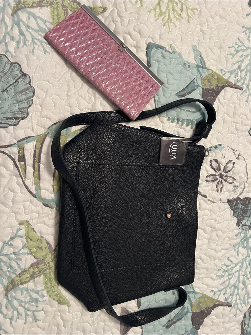 Ulta Beauty Black Pebbled Shoulder Bag with Slim Strap & Apt9 Slim wallet